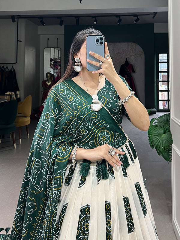 Green Tussar Silk With Bandhej Print Lehenga Choli With Dupatta