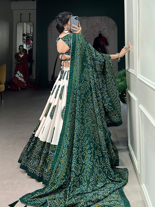 Green Tussar Silk With Bandhej Print Lehenga Choli With Dupatta