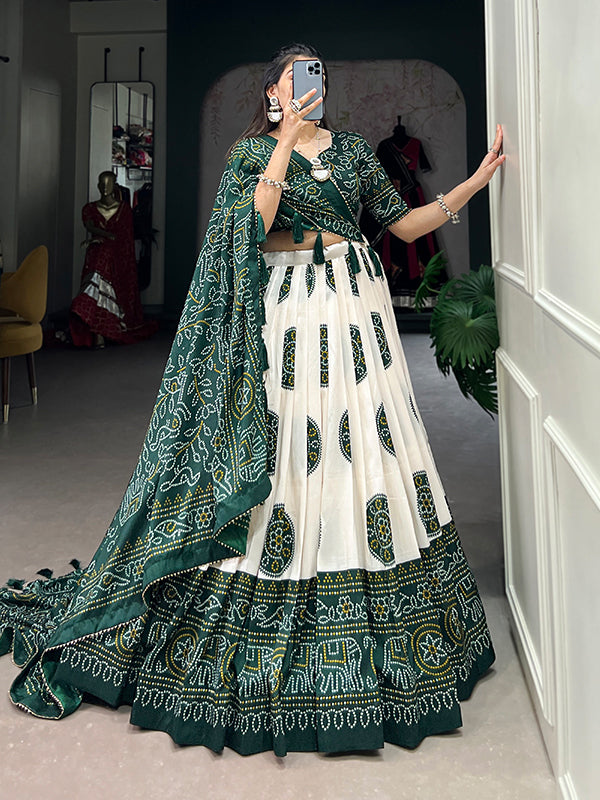 Green Tussar Silk With Bandhej Print Lehenga Choli With Dupatta