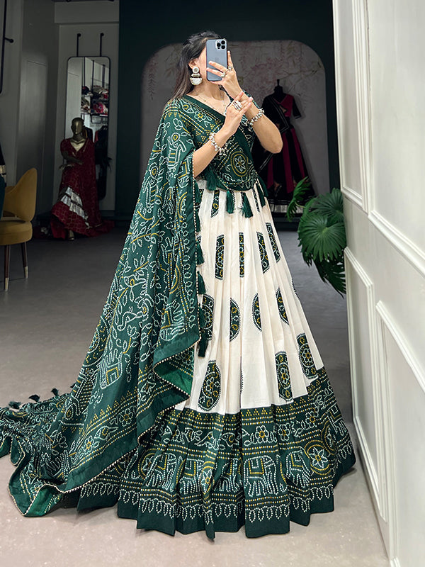 Green Tussar Silk With Bandhej Print Lehenga Choli With Dupatta