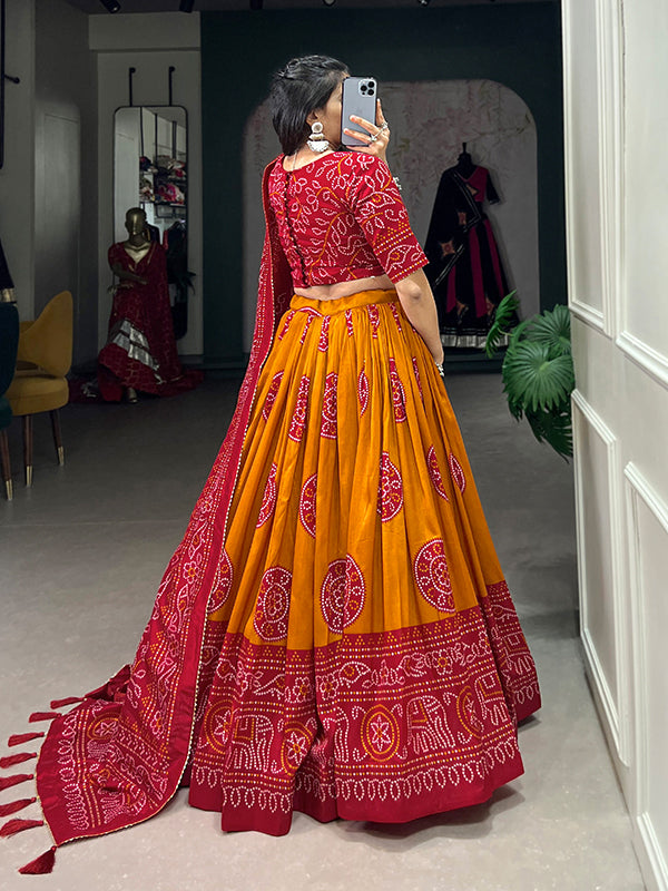 Mustard Tussar Silk With Bandhej Print Lehenga Choli With Dupatta