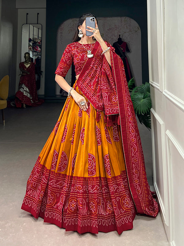 Mustard Tussar Silk With Bandhej Print Lehenga Choli With Dupatta