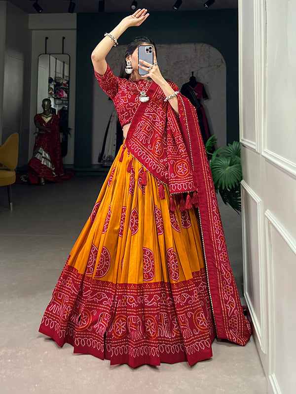 Mustard Tussar Silk With Bandhej Print Lehenga Choli With Dupatta