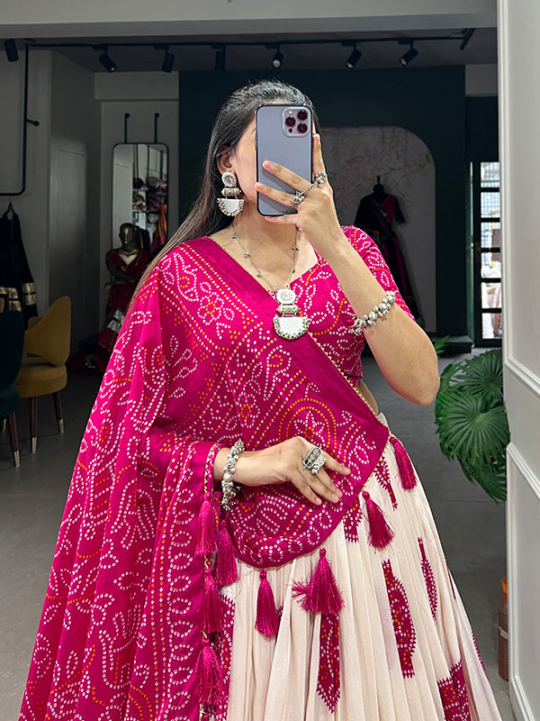 Pink Tussar Silk With Bandhej Print Lehenga Choli With Dupatta