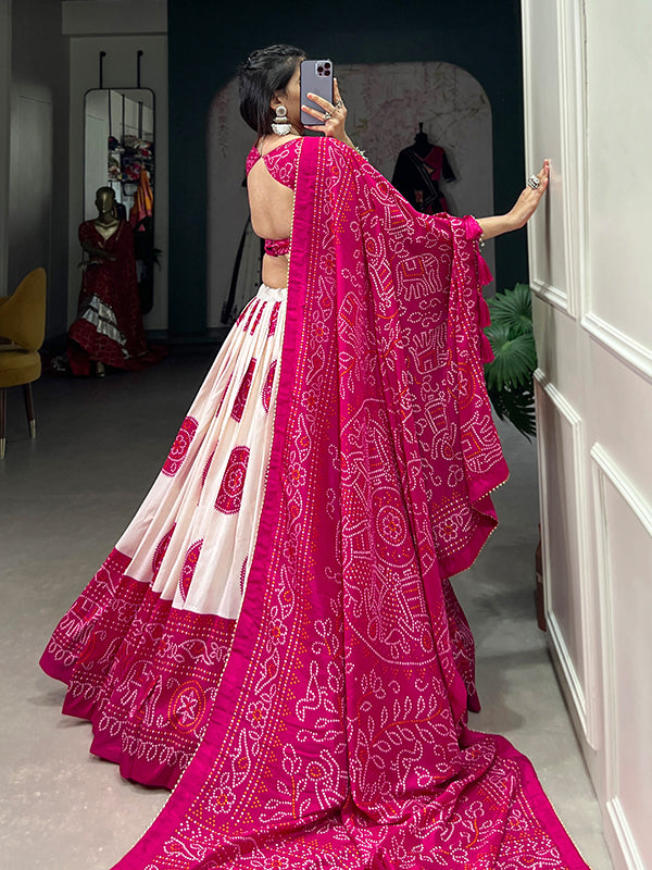 Pink Tussar Silk With Bandhej Print Lehenga Choli With Dupatta