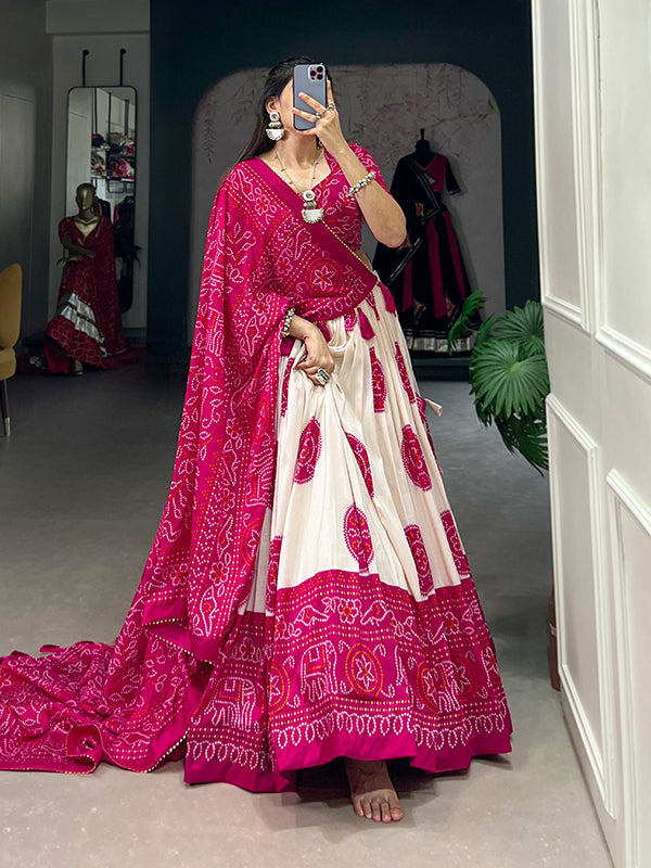 Pink Tussar Silk With Bandhej Print Lehenga Choli With Dupatta