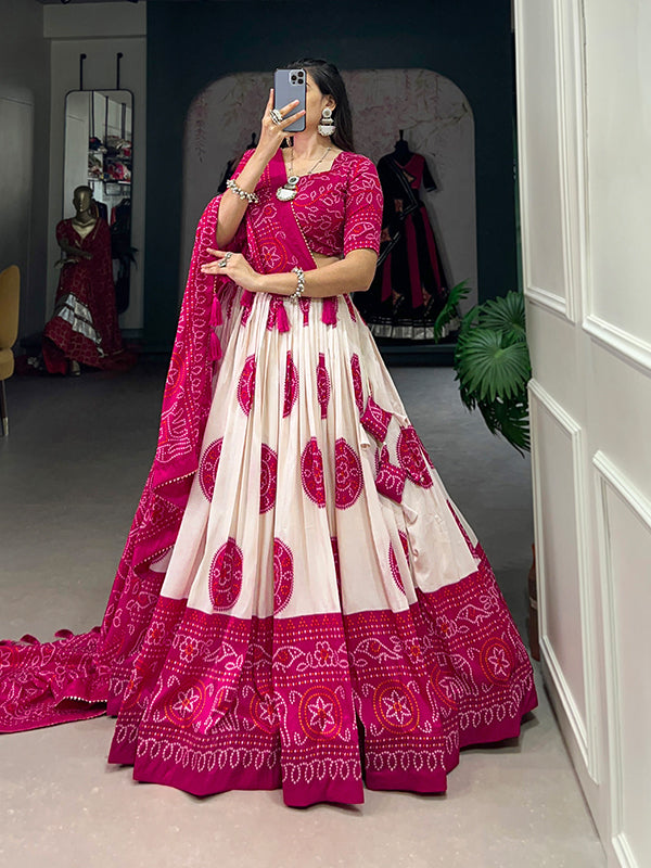 Pink Tussar Silk With Bandhej Print Lehenga Choli With Dupatta