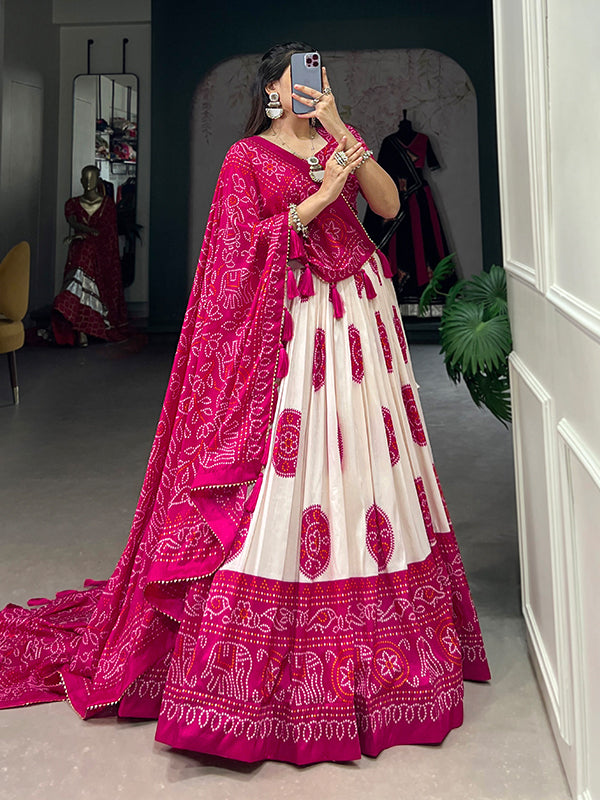 Pink Tussar Silk With Bandhej Print Lehenga Choli With Dupatta