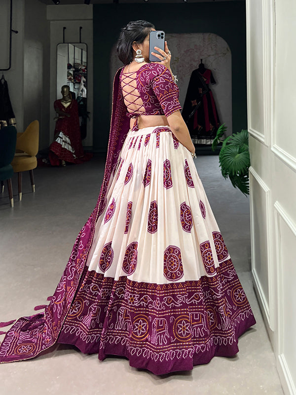 Wine Tussar Silk With Bandhej Print Lehenga Choli With Dupatta