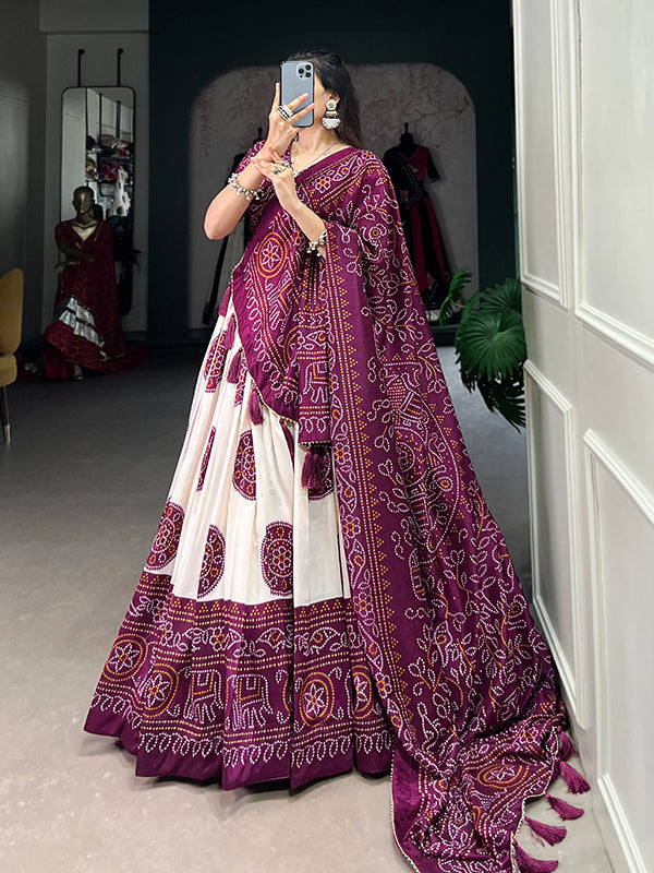 Wine Tussar Silk With Bandhej Print Lehenga Choli With Dupatta