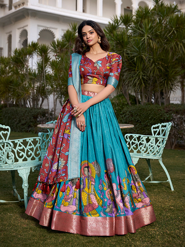 Firozi Kalamkari Print Silk Lehenga Choli With Dupatta