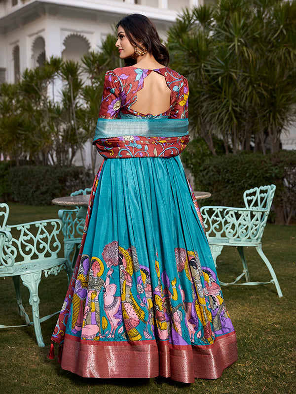 Firozi Kalamkari Print Silk Lehenga Choli With Dupatta