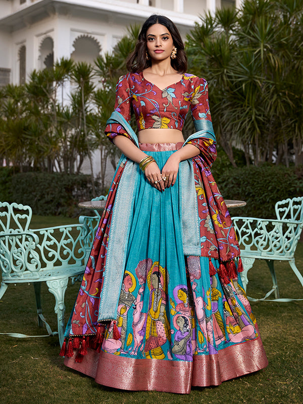 Firozi Kalamkari Print Silk Lehenga Choli With Dupatta