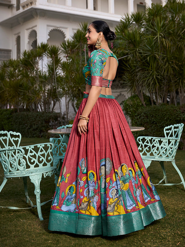 Red Kalamkari Print Silk Lehenga Choli With Dupatta