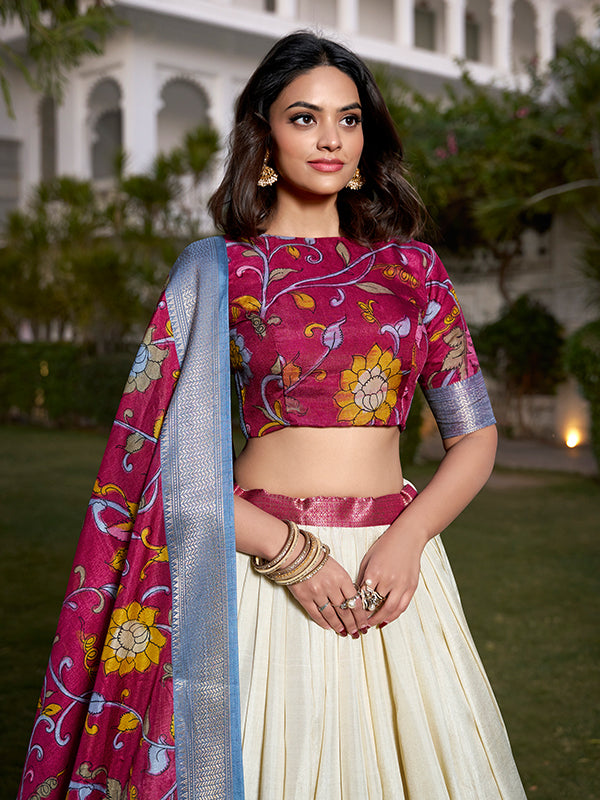 White Kalamkari Print Silk Lehenga Choli With Dupatta