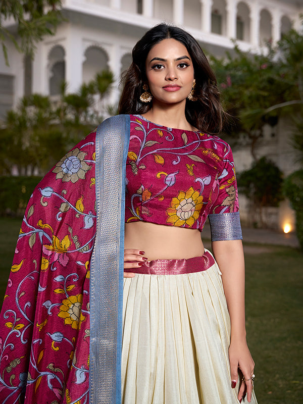 White Kalamkari Print Silk Lehenga Choli With Dupatta