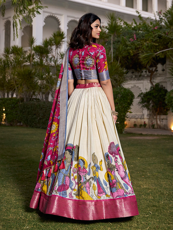 White Kalamkari Print Silk Lehenga Choli With Dupatta