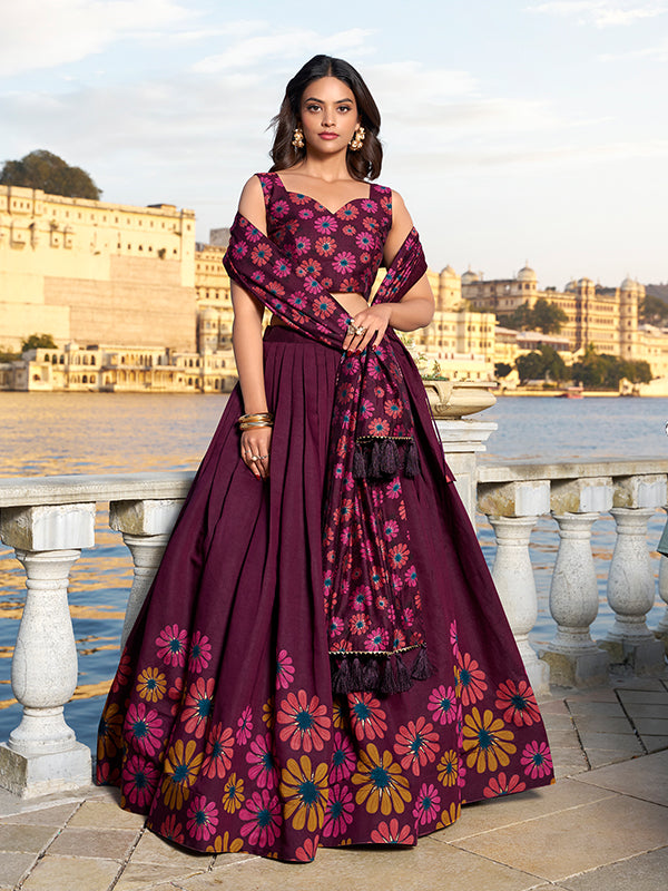 Flower Print Wine Silk Lehenga Choli With Dupatta