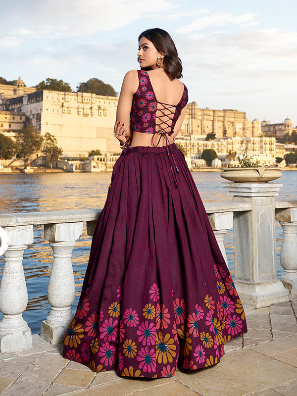 Flower Print Wine Silk Lehenga Choli With Dupatta