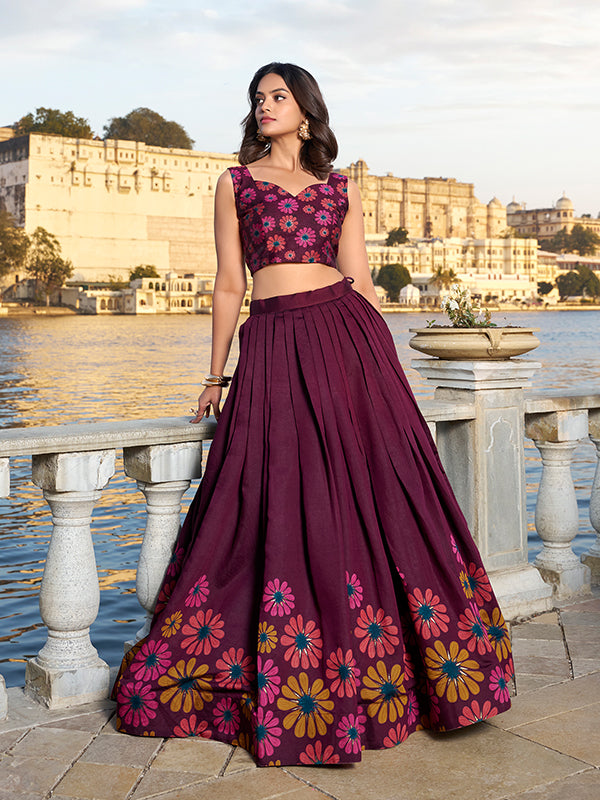 Flower Print Wine Silk Lehenga Choli With Dupatta