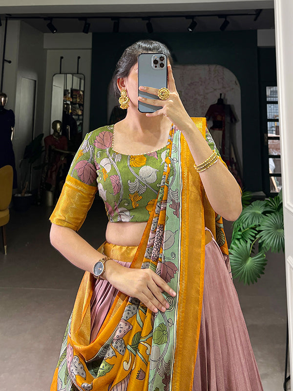 Kalamkari Print Onion Dola Silk Lehenga Choli With Dupatta