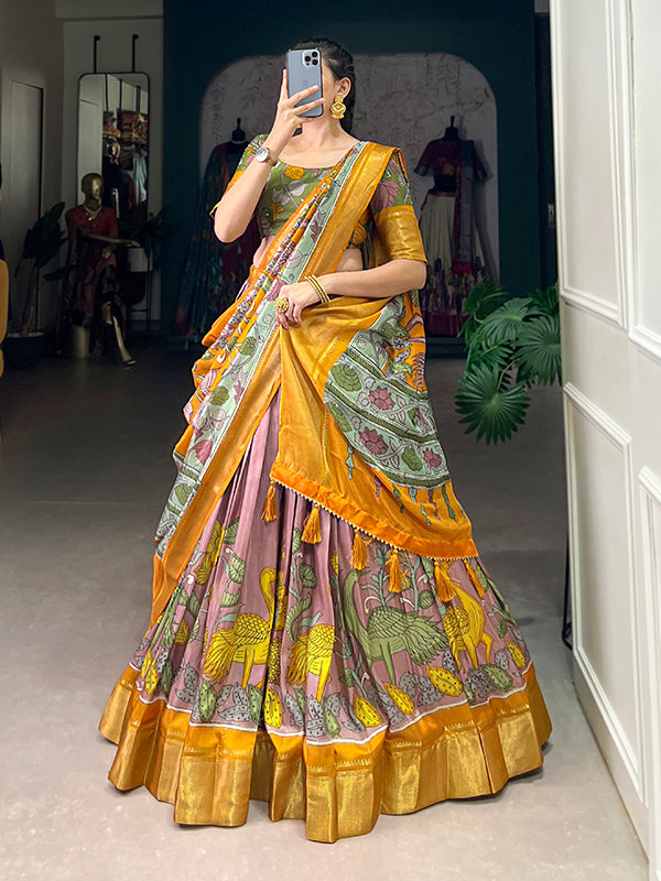 Kalamkari Print Onion Dola Silk Lehenga Choli With Dupatta