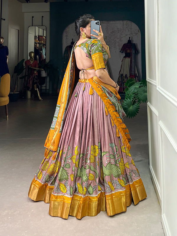 Kalamkari Print Onion Dola Silk Lehenga Choli With Dupatta