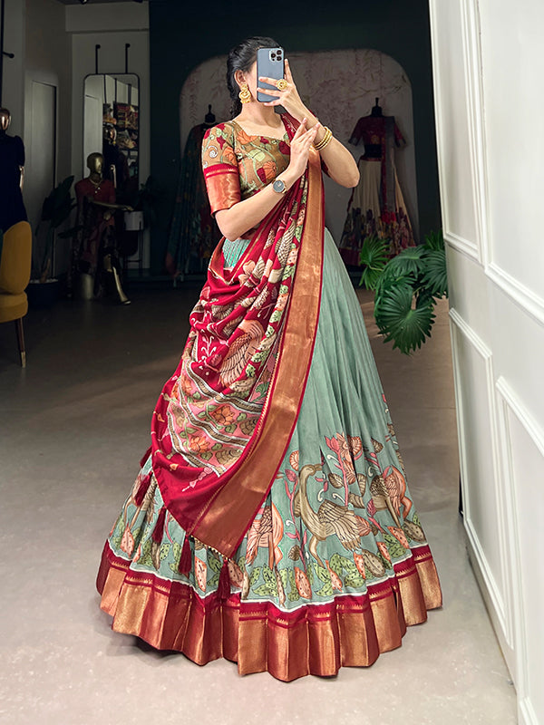 Kalamkari Print Sea Green Dola Silk Lehenga Choli With Dupatta