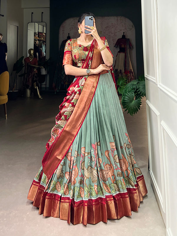 Kalamkari Print Sea Green Dola Silk Lehenga Choli With Dupatta