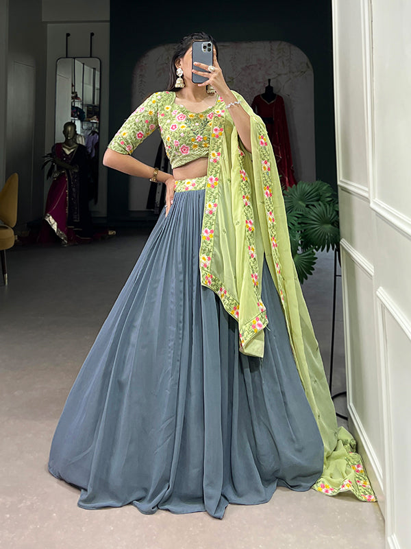 Grey Georgette Embroidered Lehenga Choli With Dupatta