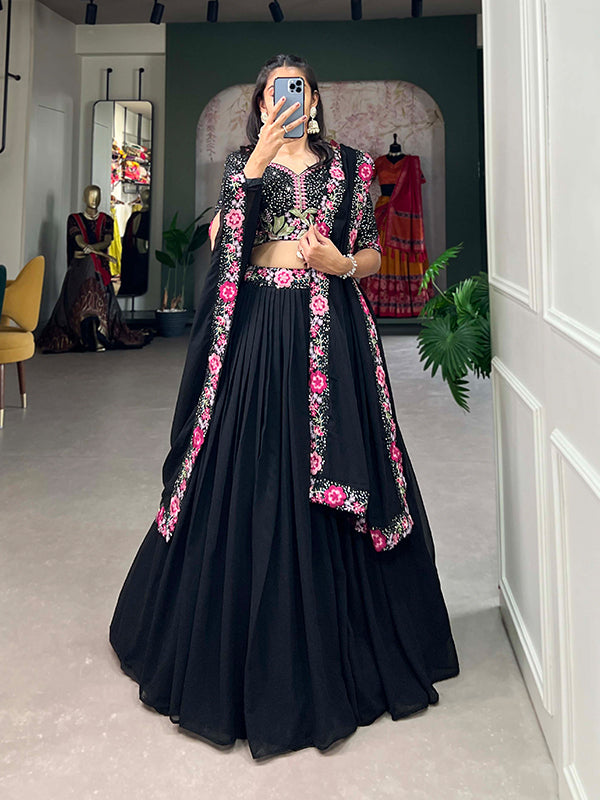 Black Georgette Embroidered Lehenga Choli With Dupatta