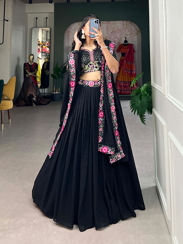 Black Georgette Embroidered Lehenga Choli With Dupatta