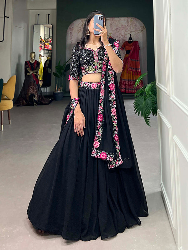 Black Georgette Embroidered Lehenga Choli With Dupatta