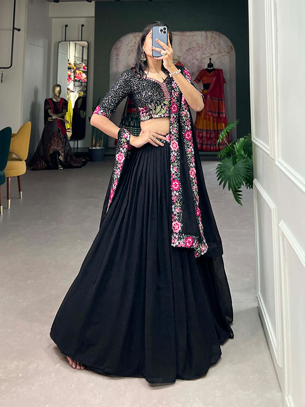 Black Georgette Embroidered Lehenga Choli With Dupatta