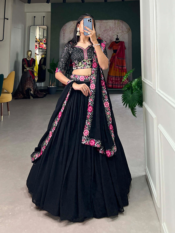 Black Georgette Embroidered Lehenga Choli With Dupatta