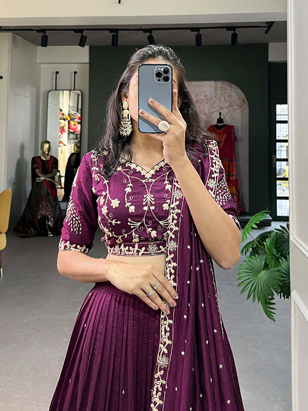 Wine Vichitra Silk With Embrpoidered Lehenga Choli With Dupatta