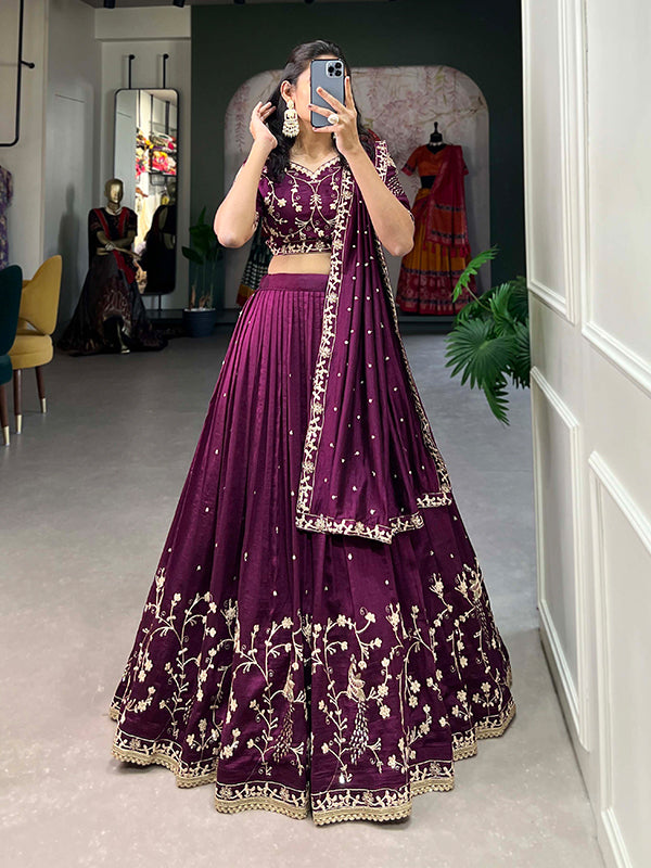 Wine Vichitra Silk With Embrpoidered Lehenga Choli With Dupatta