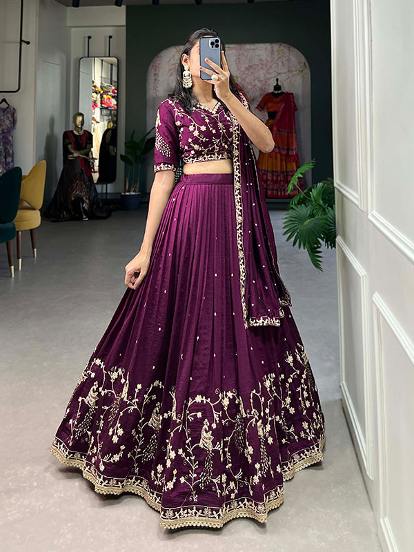 Wine Vichitra Silk With Embrpoidered Lehenga Choli With Dupatta