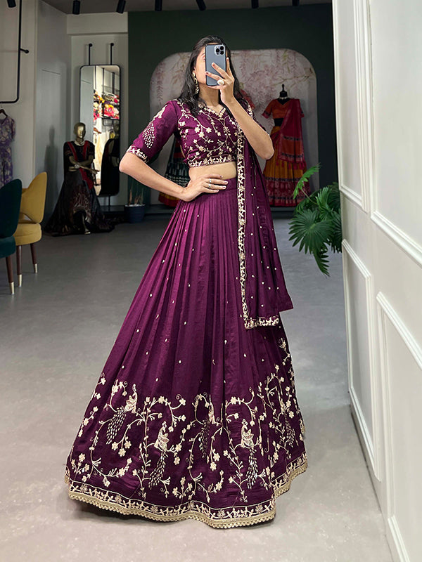 Wine Vichitra Silk With Embrpoidered Lehenga Choli With Dupatta