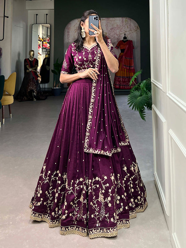 Wine Vichitra Silk With Embrpoidered Lehenga Choli With Dupatta