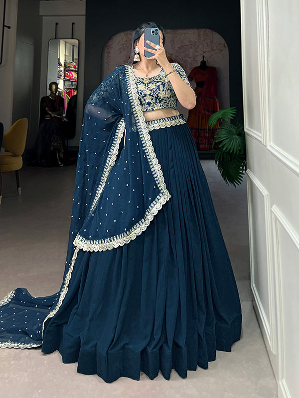 Teal Georgette Embroidered Lehenga Choli With Dupatta