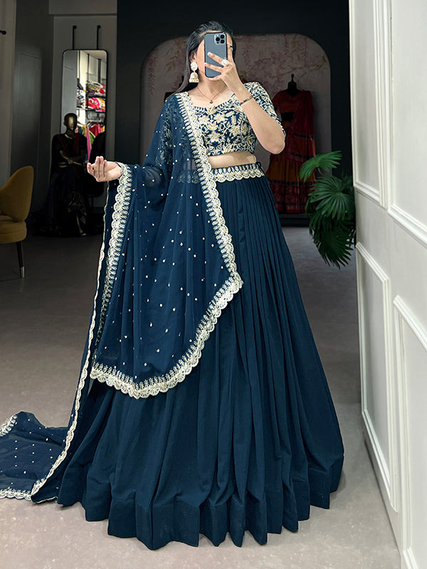 Teal Georgette Embroidered Lehenga Choli With Dupatta