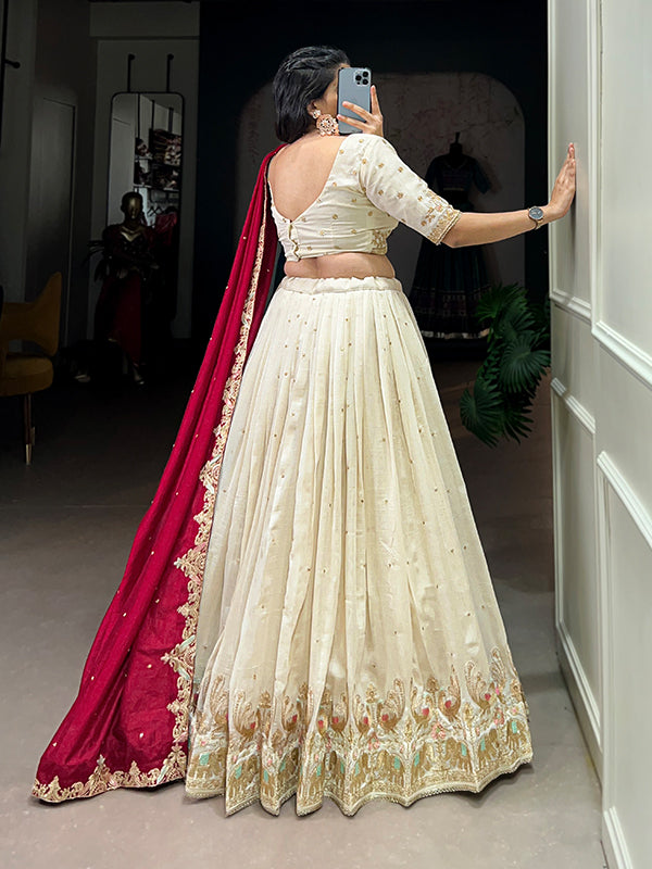 Off White Vichitra Silk With Sequins Embroidered Lehenga Choli