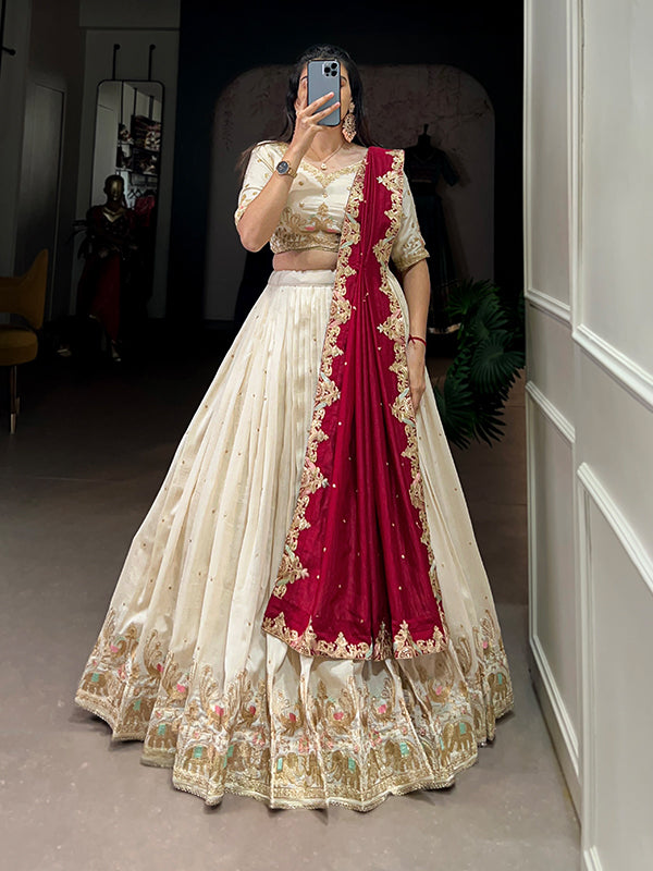 Off White Vichitra Silk With Sequins Embroidered Lehenga Choli