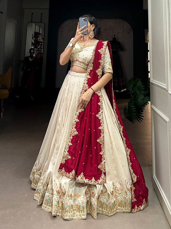 Off White Vichitra Silk With Sequins Embroidered Lehenga Choli