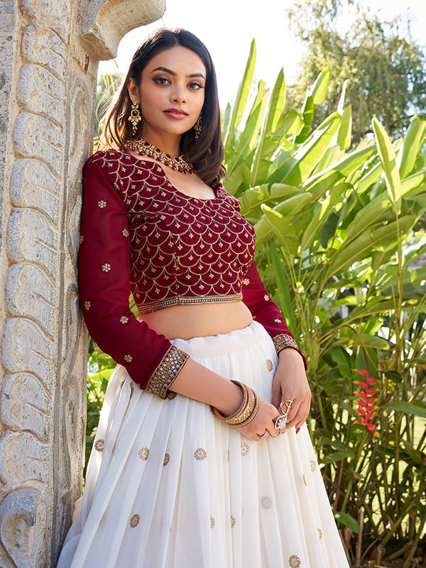 White Georgette Sequins Work Lehenga Choli With Dupatta