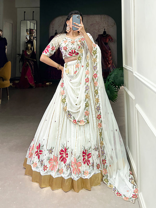 White Georgette With Sequins Embroidered Lehenga Choli