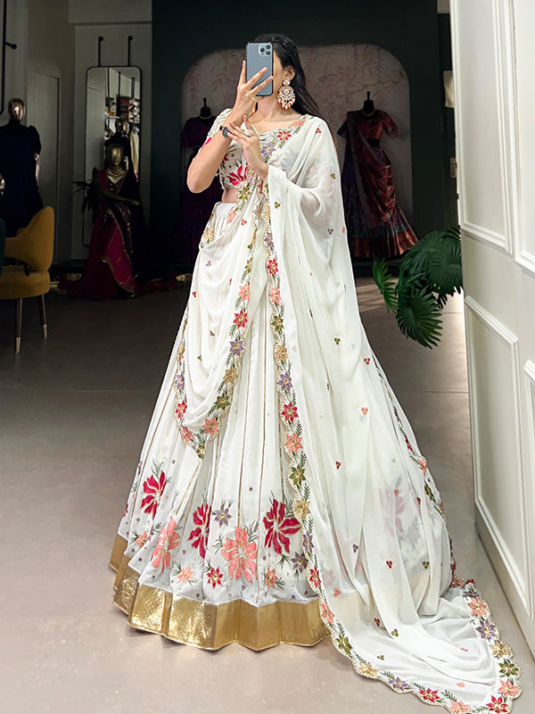 White Georgette With Sequins Embroidered Lehenga Choli