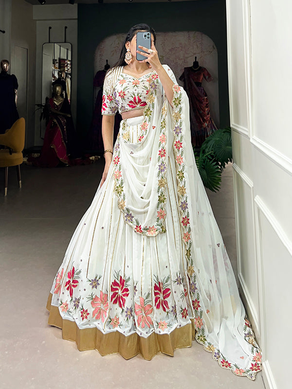 White Georgette With Sequins Embroidered Lehenga Choli