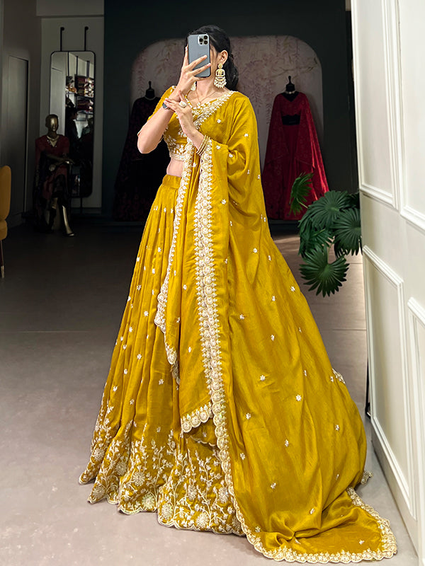 Mustard Vichitra Silk Sequins Work Lehenga Choli With Dupatta